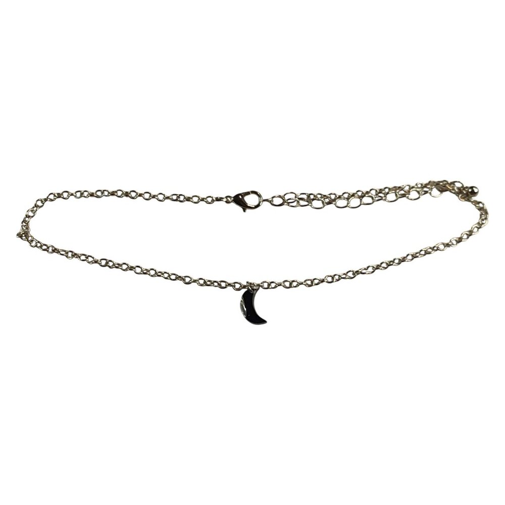 Silver-Tone Chain Choker Necklace with Black Moon Pendant Adjustable New NWOT